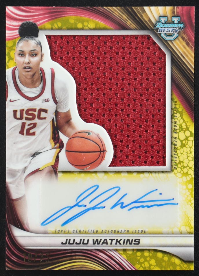 Juju Watkins 2024-25 Bowman's Best University Prospect Jumbo Relic Autographs Yellow Lazer Refractors #PJRAJW #10/75 RC at PristineAuction.com Juju Watkins 2024-25 Bowman's Best University Prospect Jumbo Relic Autographs Yellow Lazer Refractors #PJRAJW #10/75 RC at PristineAuction.com