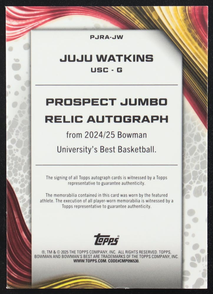 Juju Watkins 2024-25 Bowman's Best University Prospect Jumbo Relic Autographs Yellow Lazer Refractors #PJRAJW #10/75 RC at PristineAuction.com Juju Watkins 2024-25 Bowman's Best University Prospect Jumbo Relic Autographs Yellow Lazer Refractors #PJRAJW #10/75 RC at PristineAuction.com