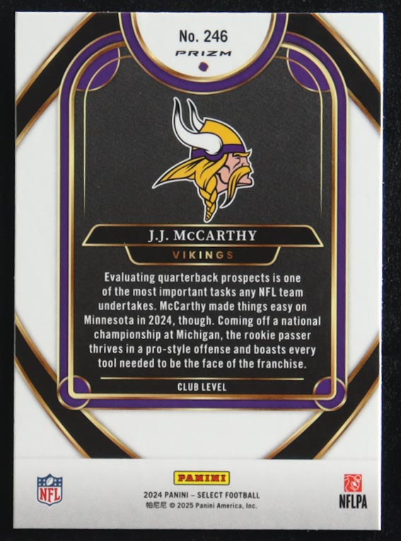 J.J. McCarthy 2024 Panini Select Club Level Prizm Red & Yellow Shock Prizm #246 RC at PristineAuction.com J.J. McCarthy 2024 Panini Select Club Level Prizm Red & Yellow Shock Prizm #246 RC at PristineAuction.com