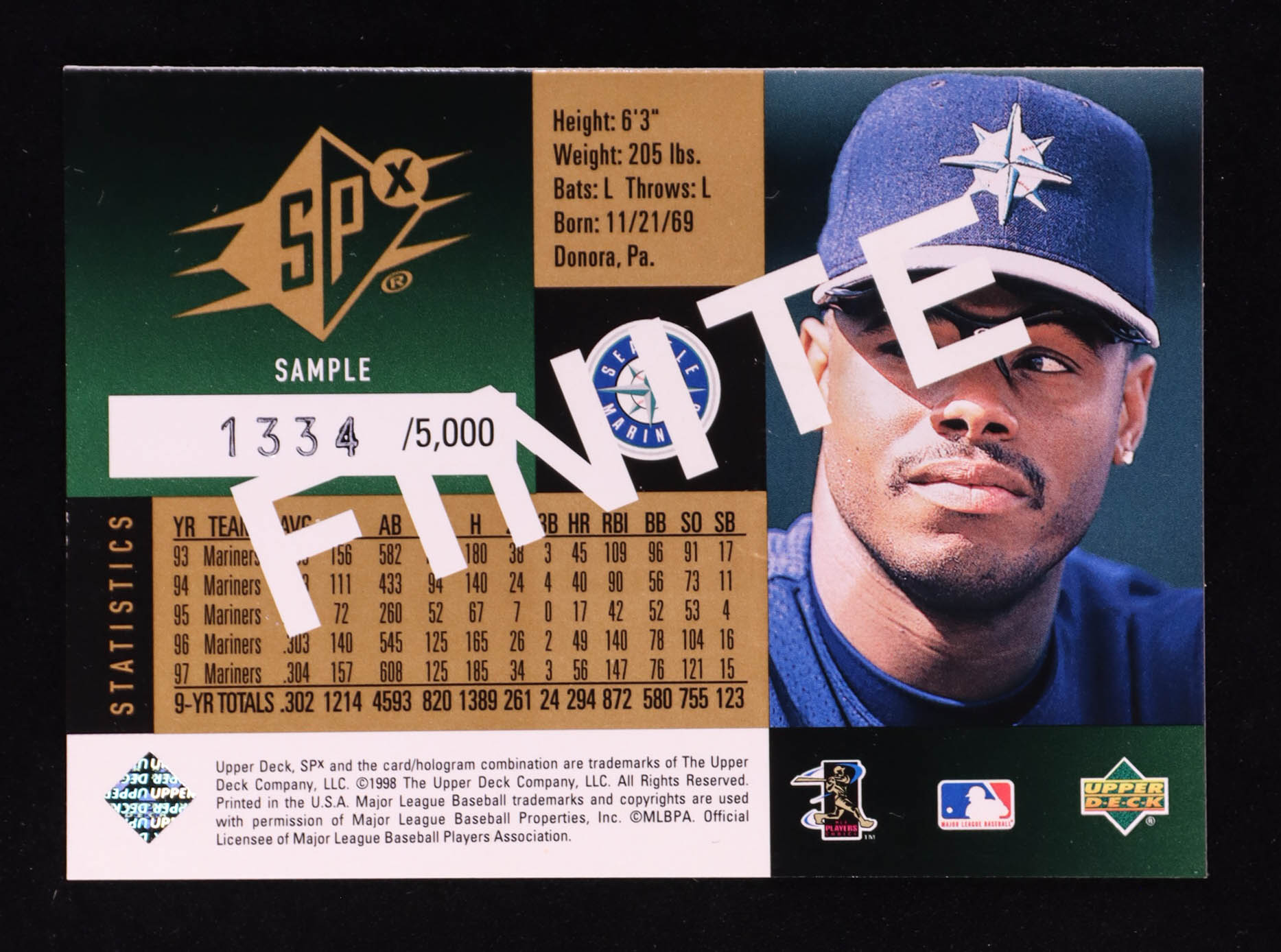 Ken Griffey Jr. 1998 SPx Finite Blue SAMPLE #NNO #1334/5000 at PristineAuction.com Ken Griffey Jr. 1998 SPx Finite Blue SAMPLE #NNO #1334/5000 at PristineAuction.com