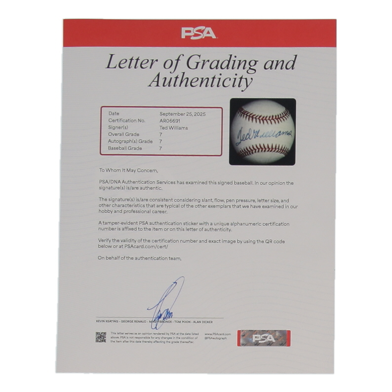 Ted Williams Signed OAL Baseball (PSA | Auto Grade 7) at PristineAuction.com Ted Williams Signed OAL Baseball (PSA | Auto Grade 7) at PristineAuction.com