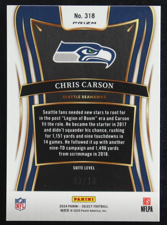 Chris Carson 2024 Panini Select Suite Level Gold Disco Prizm #318 #03 /10 at PristineAuction.com Chris Carson 2024 Panini Select Suite Level Gold Disco Prizm #318 #03 /10 at PristineAuction.com