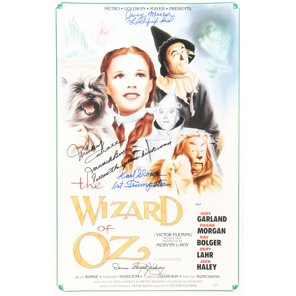 "The Wizard of Oz" 16x24 Poster Cast-Signed by (4) with Mickey Carroll, Jerry Maren, Karl Slover, & Donna Stewart Hardway with Inscriptions (JSA) at PristineAuction.com "The Wizard of Oz" 16x24 Poster Cast-Signed by (4) with Mickey Carroll, Jerry Maren, Karl Slover, & Donna Stewart Hardway with Inscriptions (JSA) at PristineAuction.com