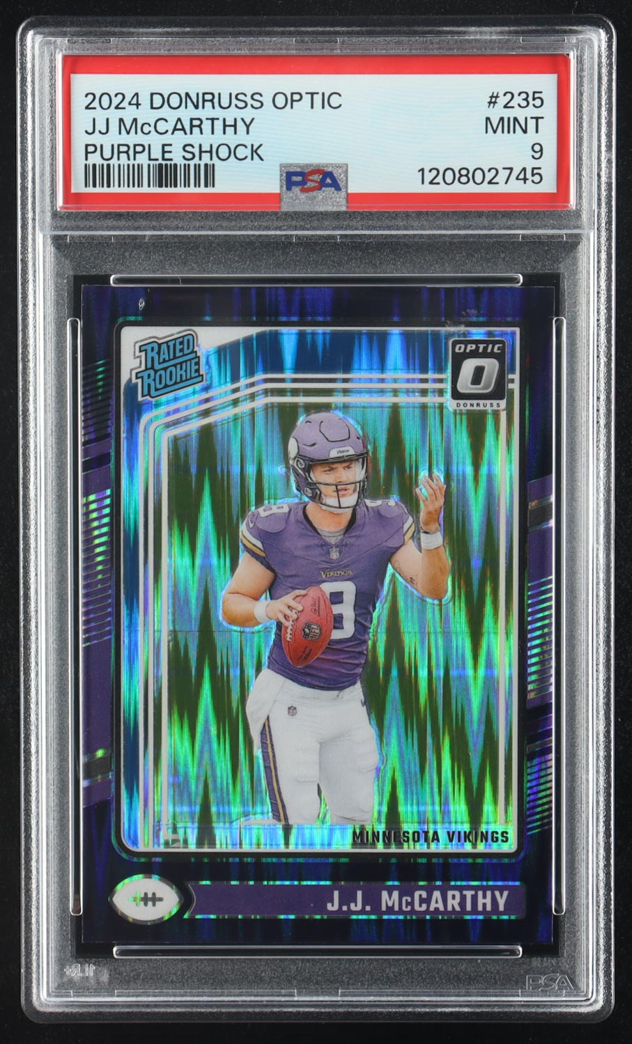 JJ McCarthy 2024 Donruss Optic Purple Shock #235 RR RC (PSA 9) at PristineAuction.com JJ McCarthy 2024 Donruss Optic Purple Shock #235 RR RC (PSA 9) at PristineAuction.com