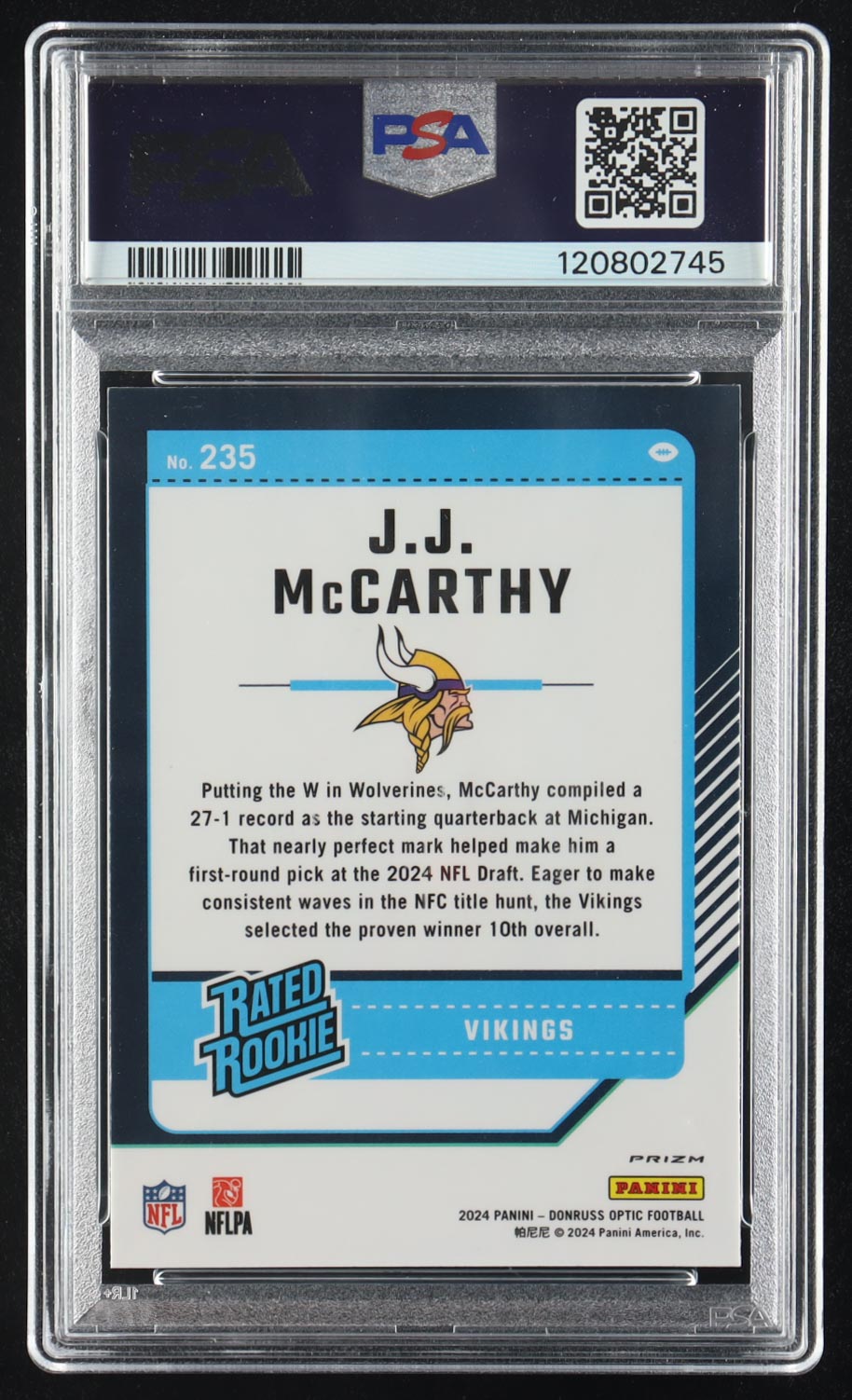 JJ McCarthy 2024 Donruss Optic Purple Shock #235 RR RC (PSA 9) at PristineAuction.com JJ McCarthy 2024 Donruss Optic Purple Shock #235 RR RC (PSA 9) at PristineAuction.com