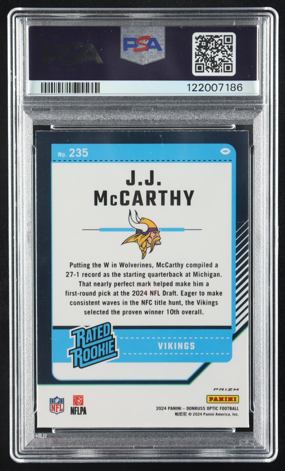 JJ McCarthy 2024 Donruss Optic Blue Hyper #235 RR RC (PSA 9) at PristineAuction.com JJ McCarthy 2024 Donruss Optic Blue Hyper #235 RR RC (PSA 9) at PristineAuction.com
