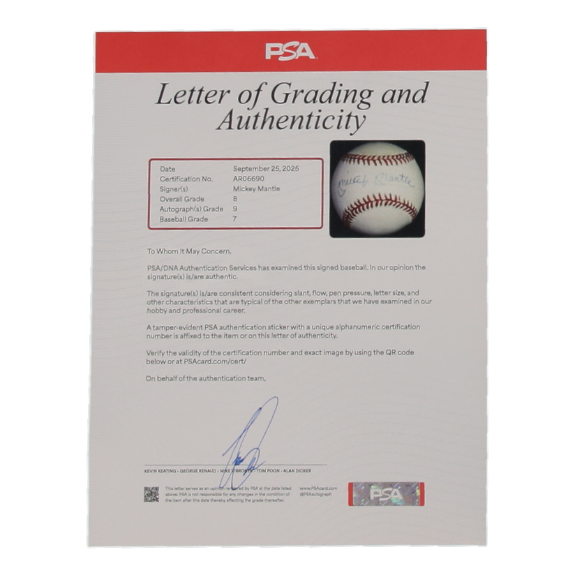 Mickey Mantle Signed OAL Baseball (PSA | Auto Grade 9) at PristineAuction.com Mickey Mantle Signed OAL Baseball (PSA | Auto Grade 9) at PristineAuction.com