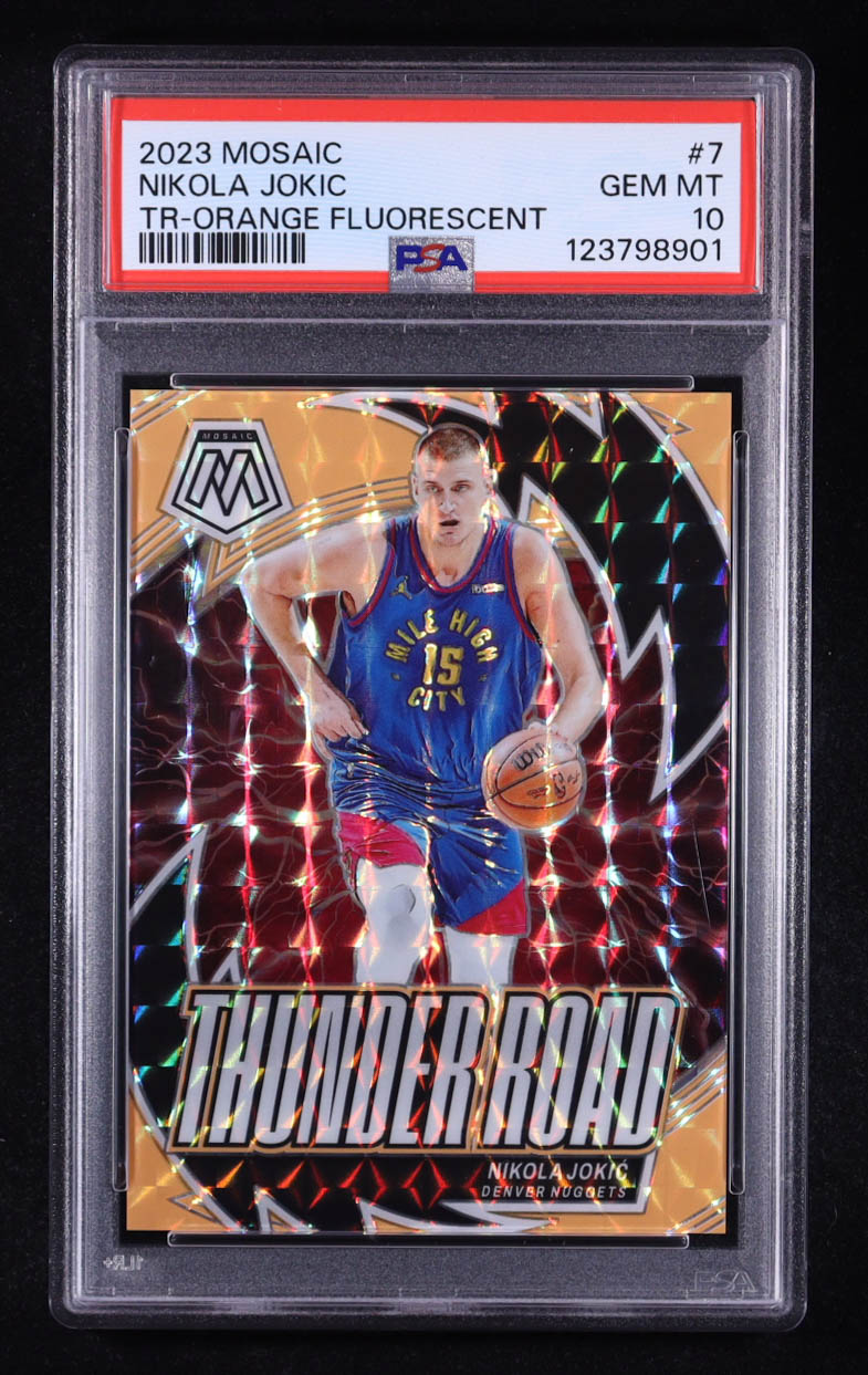 Nikola Jokic 2023-24 Panini Mosaic Thunder Road Mosaic Orange Fluorescent #7 #13/25 (PSA 10) at PristineAuction.com Nikola Jokic 2023-24 Panini Mosaic Thunder Road Mosaic Orange Fluorescent #7 #13/25 (PSA 10) at PristineAuction.com