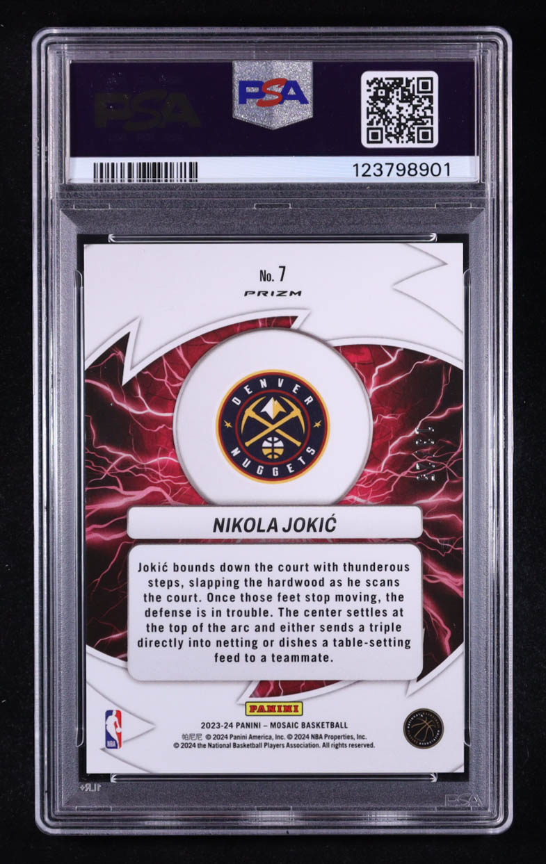 Nikola Jokic 2023-24 Panini Mosaic Thunder Road Mosaic Orange Fluorescent #7 #13/25 (PSA 10) at PristineAuction.com Nikola Jokic 2023-24 Panini Mosaic Thunder Road Mosaic Orange Fluorescent #7 #13/25 (PSA 10) at PristineAuction.com