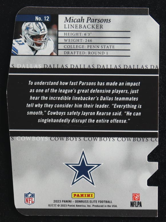 Micah Parsons 2023 Panini Donruss Elite '03 Status Red Die Cut #12 #01/99 at PristineAuction.com Micah Parsons 2023 Panini Donruss Elite '03 Status Red Die Cut #12 #01/99 at PristineAuction.com