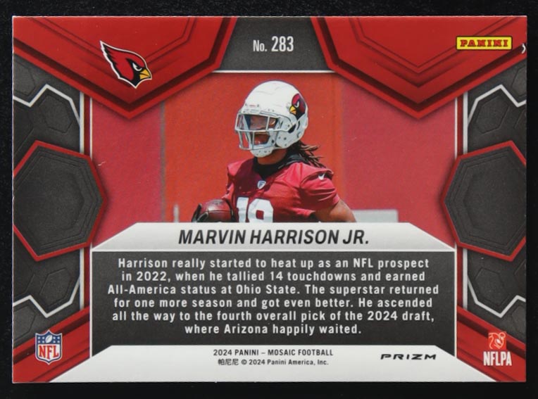 Marvin Harrison Jr. 2024 Panini Mosaic Blue Reactive NFL Debut #283 RC at PristineAuction.com Marvin Harrison Jr. 2024 Panini Mosaic Blue Reactive NFL Debut #283 RC at PristineAuction.com