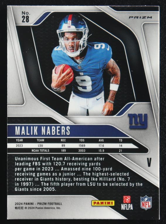 Malik Nabers 2024 Panini Prizm Silver Image Variation Rookie #28 RC at PristineAuction.com Malik Nabers 2024 Panini Prizm Silver Image Variation Rookie #28 RC at PristineAuction.com
