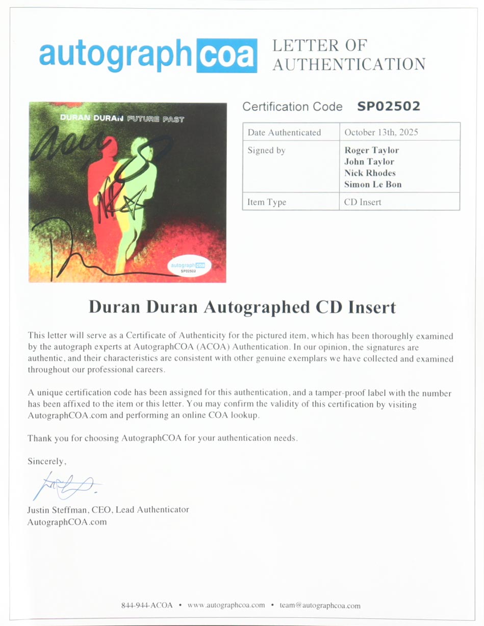 Duran Duran Custom Framed "Future Past" CD Insert Display With Disc Signed by (4) with Roger Taylor, John Taylor, Nick Rhodes & Simon Le Bon (ACOA) at PristineAuction.com Duran Duran Custom Framed "Future Past" CD Insert Display With Disc Signed by (4) with Roger Taylor, John Taylor, Nick Rhodes & Simon Le Bon (ACOA) at PristineAuction.com
