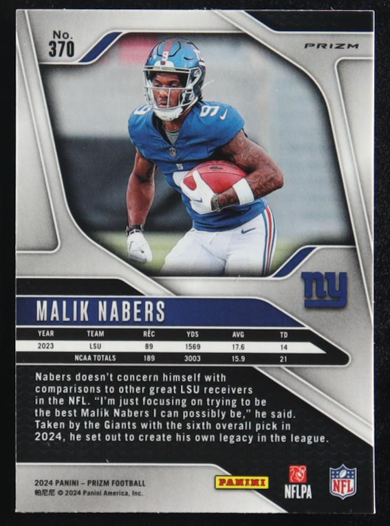 Malik Nabers 2024 Panini Prizm Green #370 RC at PristineAuction.com Malik Nabers 2024 Panini Prizm Green #370 RC at PristineAuction.com