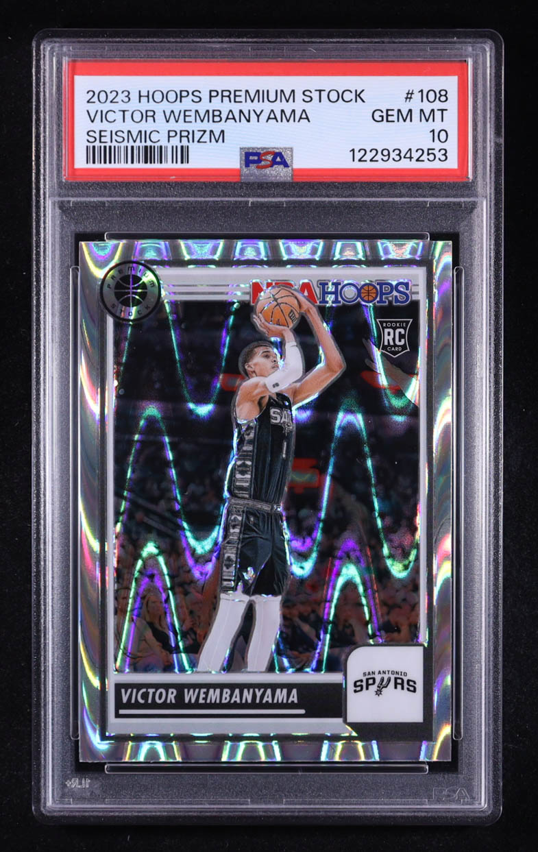 Victor Wembanyama 2023-24 Hoops Premium Stock Seismic Prizm #108 RC (PSA 10) at PristineAuction.com Victor Wembanyama 2023-24 Hoops Premium Stock Seismic Prizm #108 RC (PSA 10) at PristineAuction.com