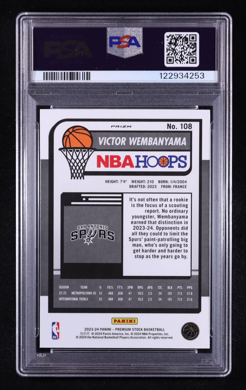 Victor Wembanyama 2023-24 Hoops Premium Stock Seismic Prizm #108 RC (PSA 10) at PristineAuction.com Victor Wembanyama 2023-24 Hoops Premium Stock Seismic Prizm #108 RC (PSA 10) at PristineAuction.com