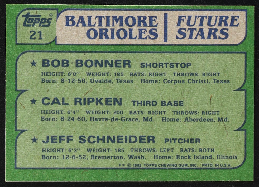 Bob Bonner / Cal Ripken Jr. / Jeff Schneider 1982 Topps #21 RC at PristineAuction.com Bob Bonner / Cal Ripken Jr. / Jeff Schneider 1982 Topps #21 RC at PristineAuction.com
