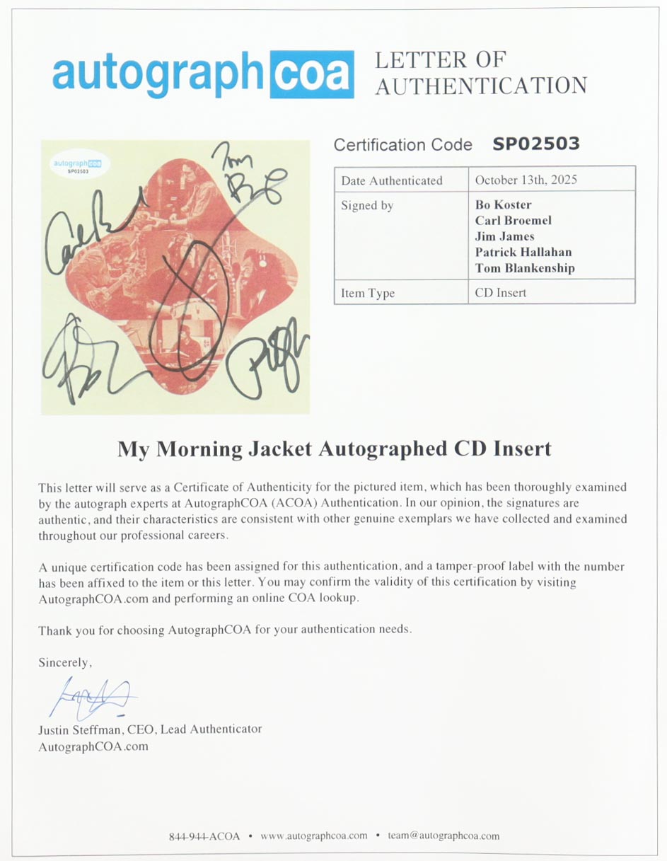 "My Morning Jacket" Custom Framed CD Insert Display Signed By (5) with Jim James, Tom Blankenship, Patrick Hallahan, Bo Koster (ACOA) at PristineAuction.com "My Morning Jacket" Custom Framed CD Insert Display Signed By (5) with Jim James, Tom Blankenship, Patrick Hallahan, Bo Koster (ACOA) at PristineAuction.com
