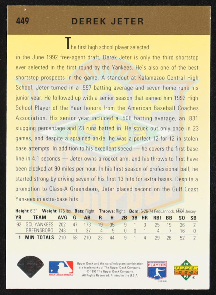 Derek Jeter 1993 Upper Deck #449 RC at PristineAuction.com Derek Jeter 1993 Upper Deck #449 RC at PristineAuction.com