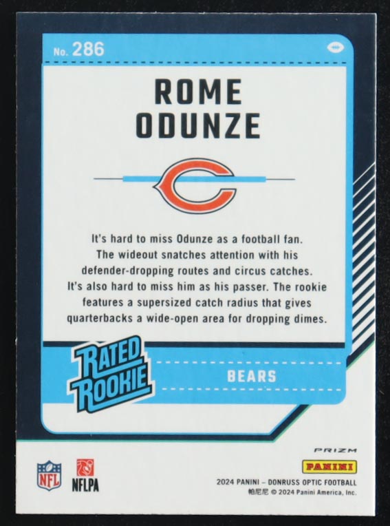 Rome Odunze 2024 Panini Donruss Optic Rated Rookie Purple Scope #286 RC at PristineAuction.com Rome Odunze 2024 Panini Donruss Optic Rated Rookie Purple Scope #286 RC at PristineAuction.com