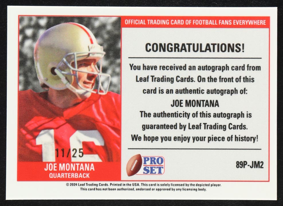 Joe Montana 2024 Leaf Pro Set Autographs Blue #89PJM2 #11/25 at PristineAuction.com Joe Montana 2024 Leaf Pro Set Autographs Blue #89PJM2 #11/25 at PristineAuction.com