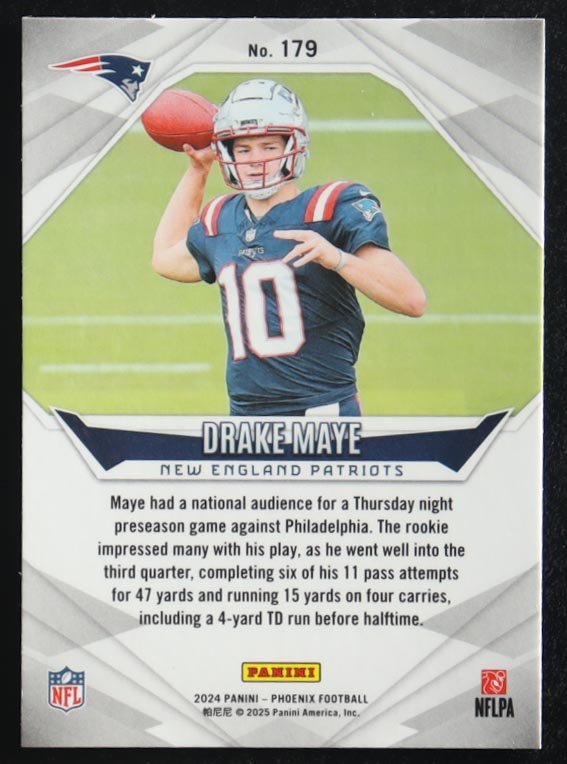 Drake Maye 2024 Panini Phoenix Silver #179 RC at PristineAuction.com Drake Maye 2024 Panini Phoenix Silver #179 RC at PristineAuction.com