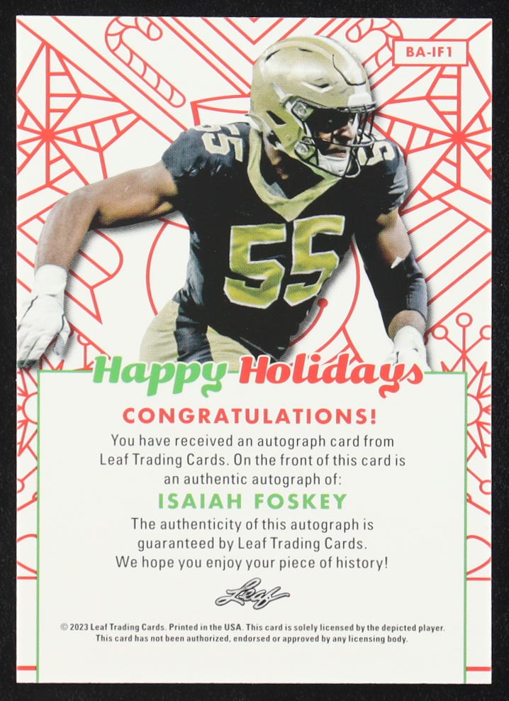 Isaiah Foskey 2023 Leaf Happy Holidays Autograph #BAIF1 RC at PristineAuction.com Isaiah Foskey 2023 Leaf Happy Holidays Autograph #BAIF1 RC at PristineAuction.com