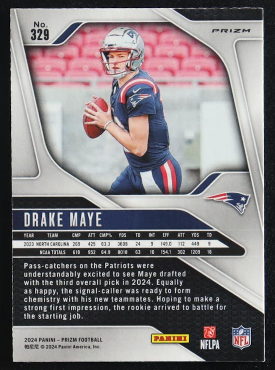 Drake Maye 2024 Panini Silver Prizm #329 RC at PristineAuction.com Drake Maye 2024 Panini Silver Prizm #329 RC at PristineAuction.com