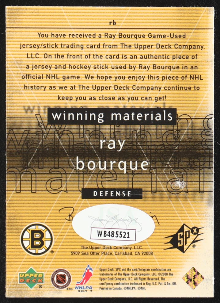 Ray Bourque Signed 2000-01 SPx Winning Materials #RB Inscribed "HOF 04" (JSA) at PristineAuction.com Ray Bourque Signed 2000-01 SPx Winning Materials #RB Inscribed "HOF 04" (JSA) at PristineAuction.com
