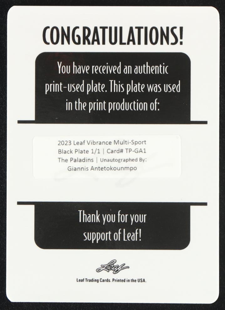 Giannis Antetokounmpo 2023 Leaf Vibrance Multi-Sport Black Printing Plate 1/1 #TPGA1 at PristineAuction.com Giannis Antetokounmpo 2023 Leaf Vibrance Multi-Sport Black Printing Plate 1/1 #TPGA1 at PristineAuction.com