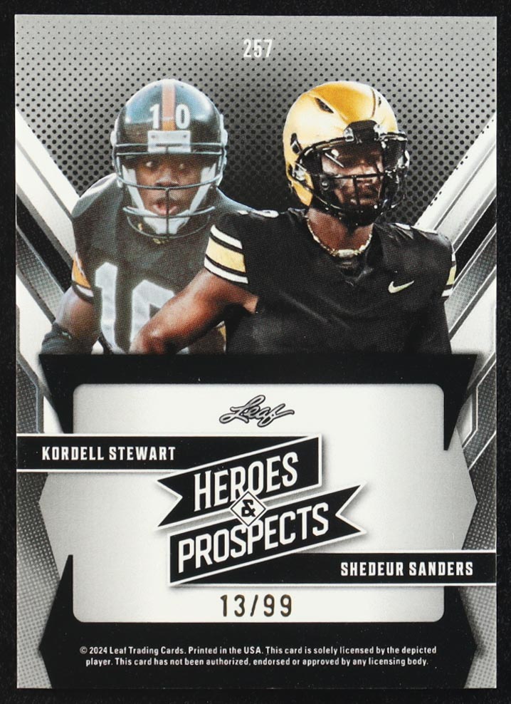 Kordell Stewart / Shedeur Sanders RC 2024 Leaf Heroes & Prospects #257 #13/99 at PristineAuction.com Kordell Stewart / Shedeur Sanders RC 2024 Leaf Heroes & Prospects #257 #13/99 at PristineAuction.com