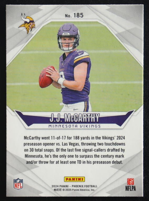 J.J. McCarthy 2024 Panini Phoenix Orange #185 RC at PristineAuction.com J.J. McCarthy 2024 Panini Phoenix Orange #185 RC at PristineAuction.com