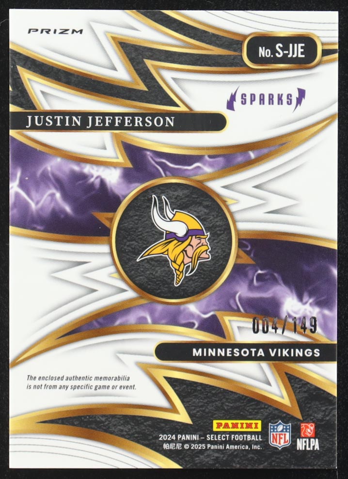 Justin Jefferson 2024 Select Sparks Materials Prizm #41 #4/149 at PristineAuction.com Justin Jefferson 2024 Select Sparks Materials Prizm #41 #4/149 at PristineAuction.com