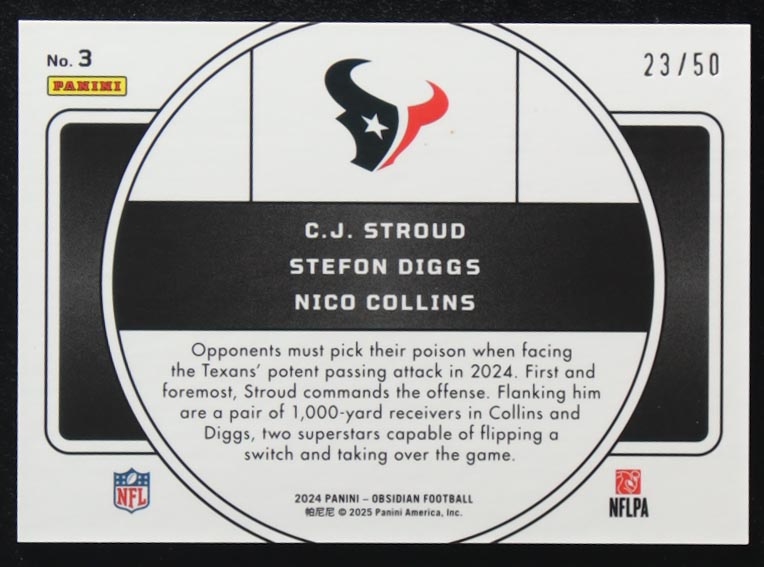 C.J. Stroud/Stefon Diggs/Nico Collins 2024 Panini Obsidian Nucleus Purple #3 #23/50 at PristineAuction.com C.J. Stroud/Stefon Diggs/Nico Collins 2024 Panini Obsidian Nucleus Purple #3 #23/50 at PristineAuction.com