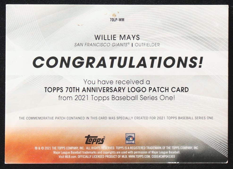 Willie Mays 2021 Topps 70th Anniversary Commemorative Logo Patches #70LPWM at PristineAuction.com Willie Mays 2021 Topps 70th Anniversary Commemorative Logo Patches #70LPWM at PristineAuction.com