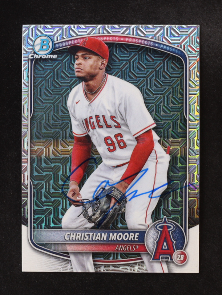 Christian Moore Signed 2025 Bowman Chrome Mega Box Prospects #BCP107 RC (Beckett) at PristineAuction.com Christian Moore Signed 2025 Bowman Chrome Mega Box Prospects #BCP107 RC (Beckett) at PristineAuction.com