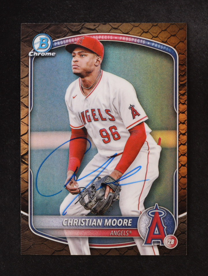 Christian Moore Signed 2025 Bowman Chrome Prospects Reptilian Refractors #BCP107 RC (Beckett) at PristineAuction.com Christian Moore Signed 2025 Bowman Chrome Prospects Reptilian Refractors #BCP107 RC (Beckett) at PristineAuction.com