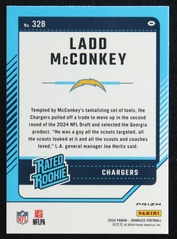 Ladd McConkey 2024 Panini Donruss Optic Rated Rookie Red Pandora Prizm #328 RC at PristineAuction.com Ladd McConkey 2024 Panini Donruss Optic Rated Rookie Red Pandora Prizm #328 RC at PristineAuction.com