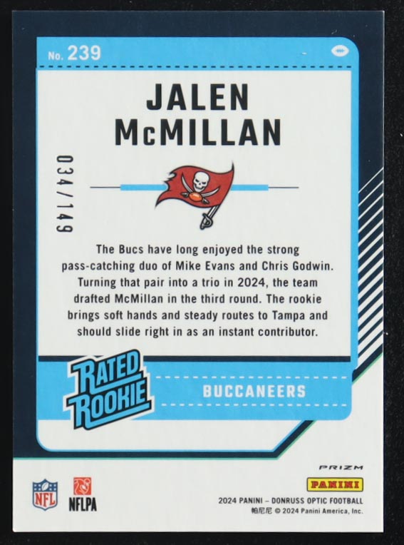 Jalen McMillan 2024 Panini Donruss Optic Rated Rookie Flex Emoji Prizm #239 RC #034/149 at PristineAuction.com Jalen McMillan 2024 Panini Donruss Optic Rated Rookie Flex Emoji Prizm #239 RC #034/149 at PristineAuction.com