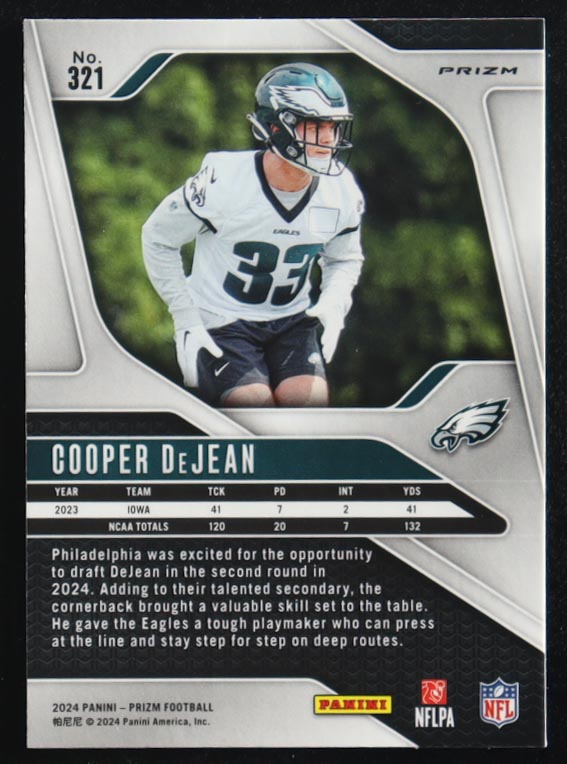 Cooper DeJean 2024 Panini Prizm Silver #321 RC at PristineAuction.com Cooper DeJean 2024 Panini Prizm Silver #321 RC at PristineAuction.com