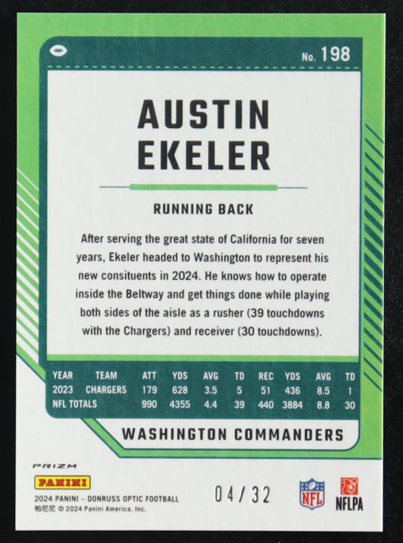 Austin Ekeler 2024 Panini Donruss Optic Prizm Team Logo #198 #04/32 at PristineAuction.com Austin Ekeler 2024 Panini Donruss Optic Prizm Team Logo #198 #04/32 at PristineAuction.com