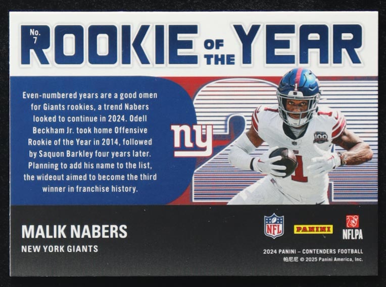 Malik Nabers 2024 Panini Contenders Rookie of the Year #7 RC at PristineAuction.com Malik Nabers 2024 Panini Contenders Rookie of the Year #7 RC at PristineAuction.com
