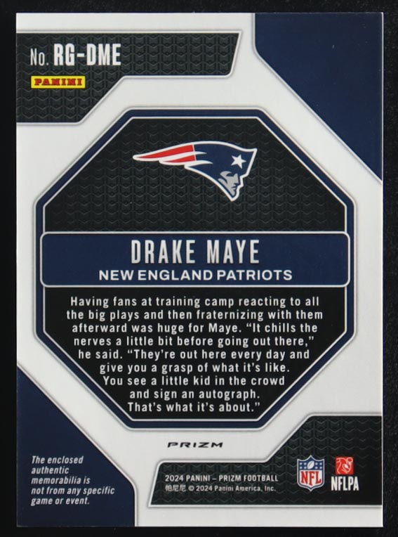 Drake Maye 2024 Panini Prizm Rookie Gear Jersey #RG-DME RC at PristineAuction.com Drake Maye 2024 Panini Prizm Rookie Gear Jersey #RG-DME RC at PristineAuction.com