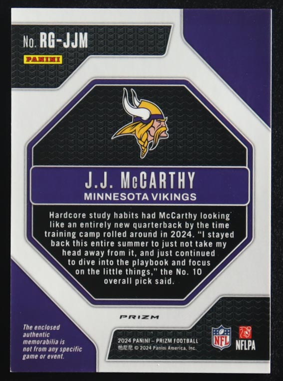J.J. McCarthy 2024 Panini Rookie Gear Jersey Prizm #RG-JJM RC at PristineAuction.com J.J. McCarthy 2024 Panini Rookie Gear Jersey Prizm #RG-JJM RC at PristineAuction.com