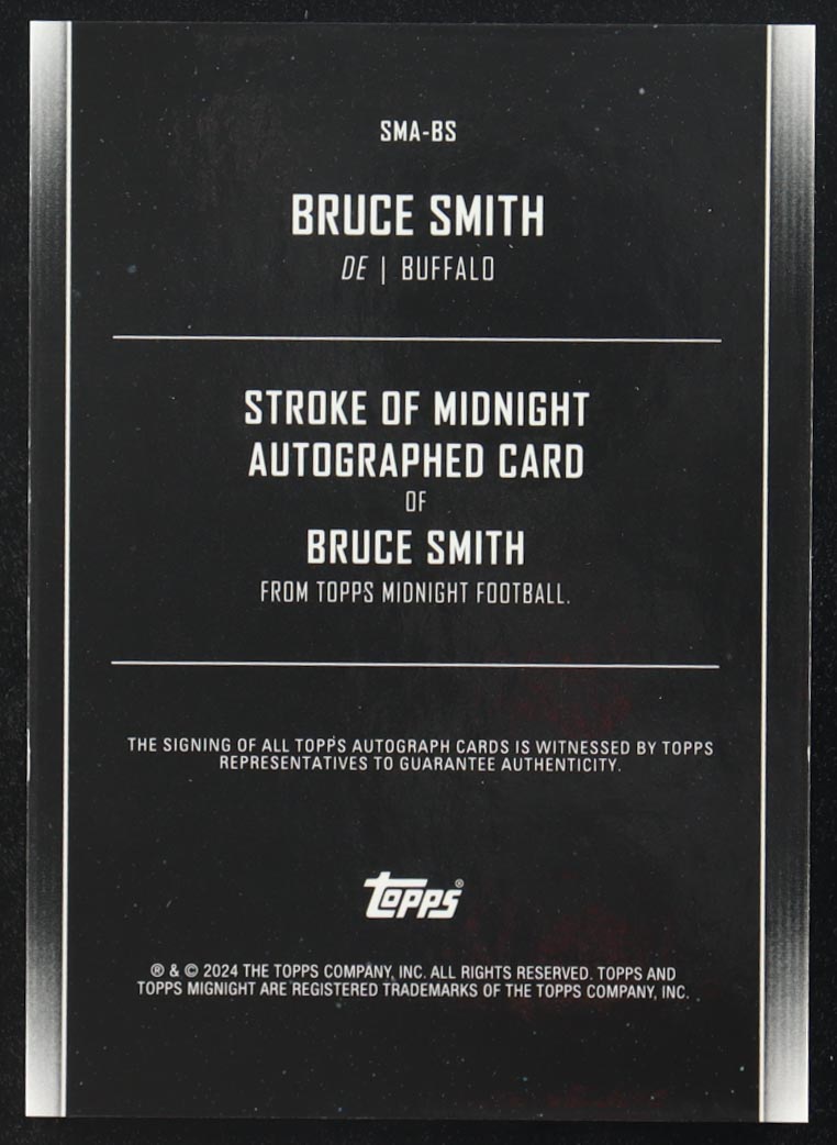Bruce Smith 2024 Topps Midnight Stroke of Midnight Autographs Twilight #SMA-BS #67/99 at PristineAuction.com Bruce Smith 2024 Topps Midnight Stroke of Midnight Autographs Twilight #SMA-BS #67/99 at PristineAuction.com