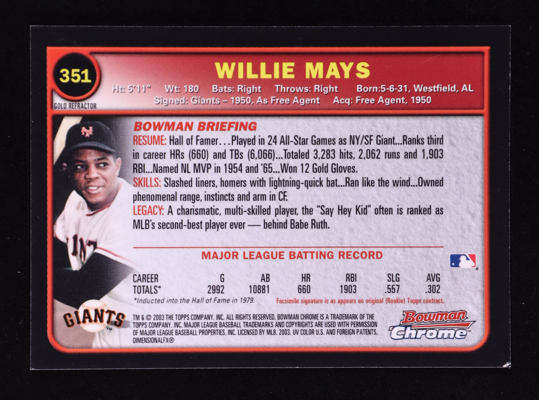 Willie Mays 2003 Bowman Chrome Gold Refractors #351 at PristineAuction.com Willie Mays 2003 Bowman Chrome Gold Refractors #351 at PristineAuction.com