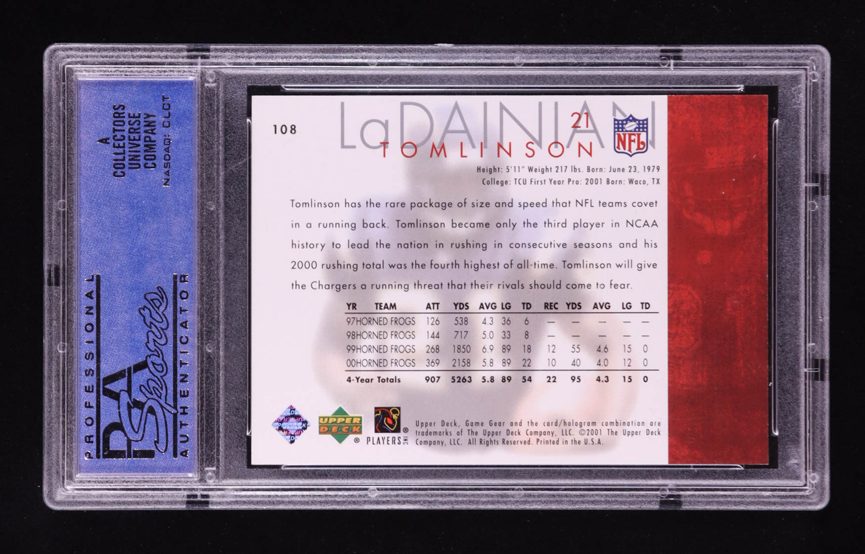 Ladainian Tomlinson 2001 UD Game Gear #108 #188/500 RC (PSA 8) at PristineAuction.com Ladainian Tomlinson 2001 UD Game Gear #108 #188/500 RC (PSA 8) at PristineAuction.com