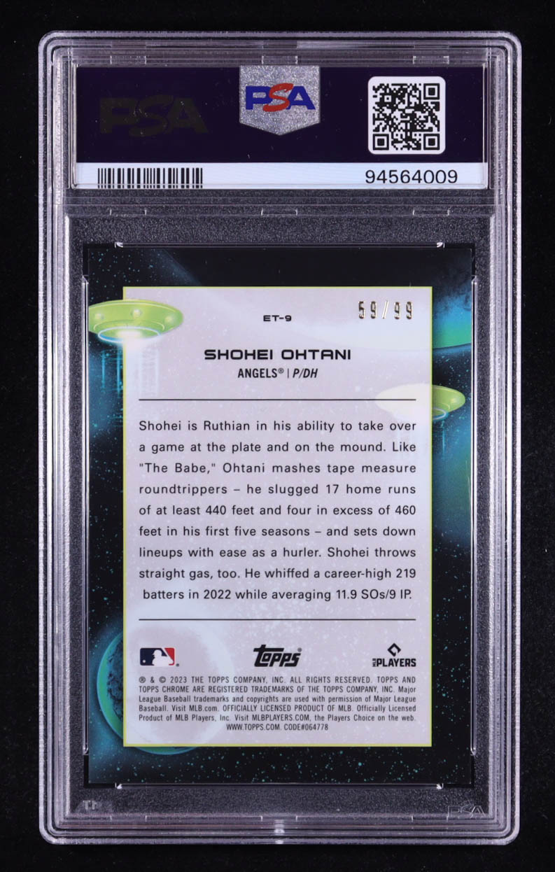 Shohei Ohtani 2023 Topps Cosmic Chrome Extraterrestrial Talent Blue Moon Refractors #ET9 #59/99 (PSA 9) at PristineAuction.com Shohei Ohtani 2023 Topps Cosmic Chrome Extraterrestrial Talent Blue Moon Refractors #ET9 #59/99 (PSA 9) at PristineAuction.com