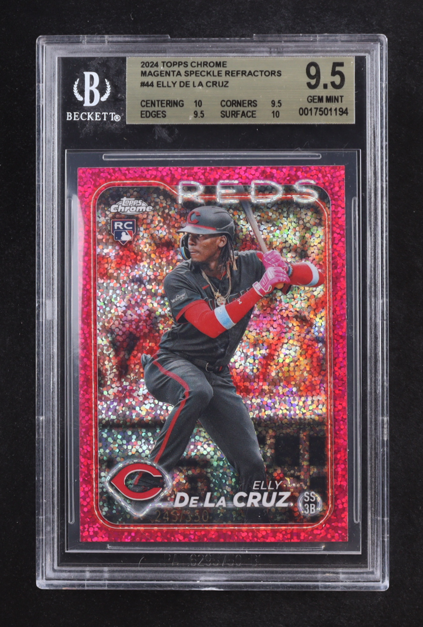 Elly De La Cruz 2024 Topps Chrome Magenta Speckle Refractors #44 RC #245/350 (BGS 9.5) at PristineAuction.com Elly De La Cruz 2024 Topps Chrome Magenta Speckle Refractors #44 RC #245/350 (BGS 9.5) at PristineAuction.com