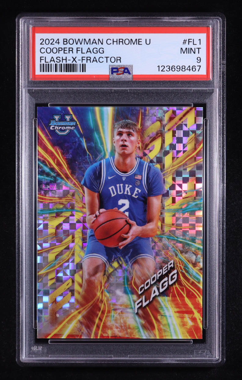 Cooper Flagg 2024-25 Bowman Chrome University Flash X-Fractors #FL1 RC (PSA 9) at PristineAuction.com Cooper Flagg 2024-25 Bowman Chrome University Flash X-Fractors #FL1 RC (PSA 9) at PristineAuction.com